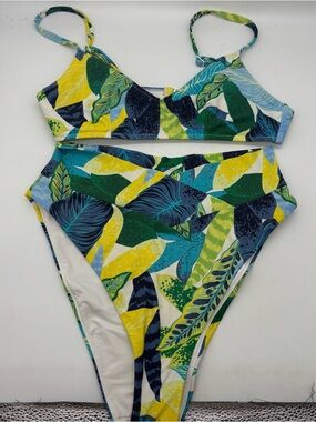 Aerie Leaf Print Tropical High Waist Scoop Neck Bikini Set Size S/M